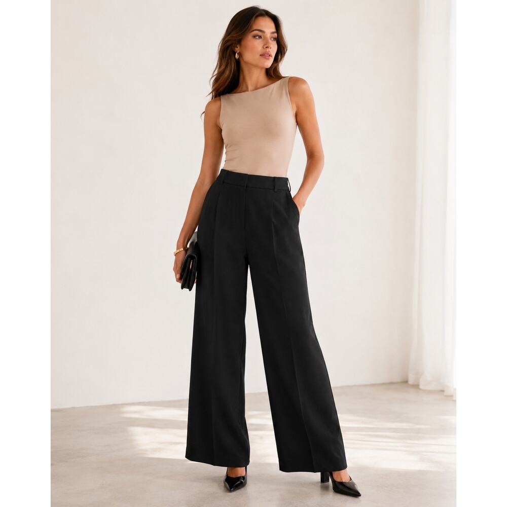 NWT Black Wide Leg Trousers Women’s Large Pleated Workwear Pants Minimalist Chic